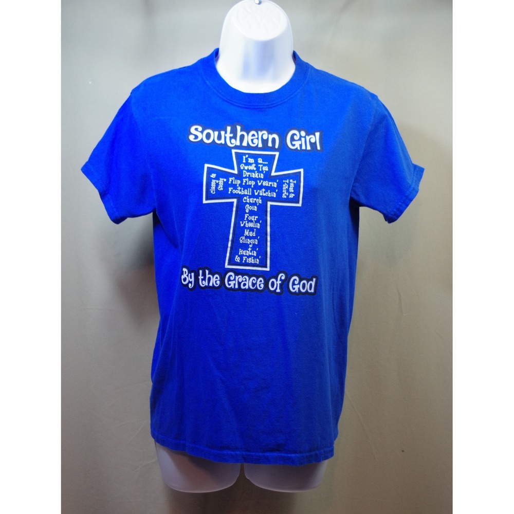 Gildan Southern Girl Small By the Grace of God Blue Graphic T-Shirt Country Tee